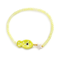 Желтый Эластичные браслеты ручной работы из фарфора и смоляных бусин для женщин, рыба и звезда, с оболочкой, желтые, 6.89 дюйм (17.5 см)