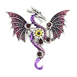 Púrpura Pines esmaltados de dragones steampunk, Broches de solapa de aleación con diamantes de imitación para ropa, plata antigua, púrpura, 59.5x61 mm