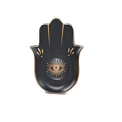 Черный Фарфоровые тарелки для украшений, Хамса форма руки поднос с узором сглаза, чёрные, 167x112 мм