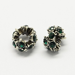 Изумруд Европейские бусины, сплав, стразы , цветочные большое отверстие бусы, античное серебро, изумруд, 12x8 мм, отверстие : 5 мм
