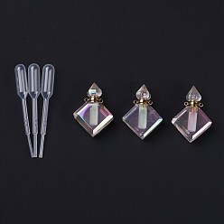 AB Color Plated Angel Aura Quartz, Faceted Natural Quartz Crystal Pendants, Openable Perfume Bottle, with Golden Tone Brass Findings and Plastic Dropper, Square, 36mm, Hole: 1.6mm, Capacity: 5ml(0.17fl. oz)