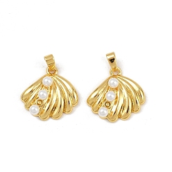 Настоящее золото 18K Латунные подвески, без кадмия и без свинца, подвески в форме ракушек, с искусственным жемчугом, реальный 18 k позолоченный, 17x17.5x5.5 мм, отверстие : 4x2.5 мм