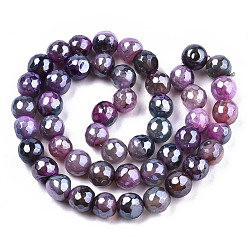 Medium Purple Electroplate Natural Agate Beads Strands, Dyed, Faceted, Pearl Luster Plated, Round, Medium Purple, 8.5x7~8mm, Hole: 1.2mm, about 47~48pcs/strand, 13.78 inch~13.98 inch(35cm~35.5cm)
