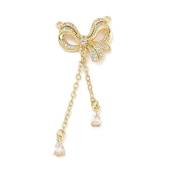 Настоящее золото 18K Реечное покрытие латунь микро паве прозрачный кубический цирконий большие подвески, долговечный, без свинца и без кадмия, бантом, реальный 18 k позолоченный, 54x20x4.5 мм, отверстие : 1.2 мм