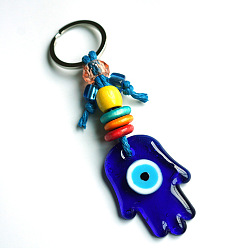 Hamsa Hand Lampwork Evil Eye Keychains, with Metal Rings, Hamsa Hand, 11cm