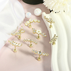 Золотой 8шт. 8 стили латунные серьги с микропаве из прозрачного кубического циркония и акрилового хряща, с 316 хирургическим штифтом из нержавеющей стали и 304 ушными гайками из нержавеющей стали, цветок и листья, золотые, 6 мм, штифты : 1.2 мм, Руководитель: 4 mm, 1 шт / стиль