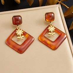Rhombus 304 Stainless Steel & Resin Stud Dangle Earrings for Women, Flower, Golden, Rhombus, 60x41.5mm