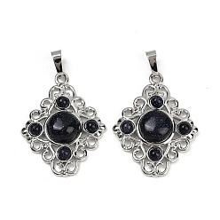 Синий Драгоценный Камень Синтетический синий авантюрин подвески, ромбовидные подвески с латунной фурнитурой, стойки покрытие, платина, 35.5x27x7.5 мм, отверстие : 8.5x4.5 мм