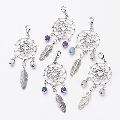 Antique Silver Alloy Feather Pendants, with Gemstone Beads and Lobster Claw Clasps, Antique Silver, 80mm, 5pcs/set