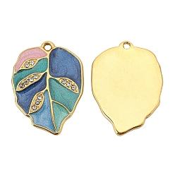 Морской Синий Подвески из нержавеющей стали со стразами, с эмалью, золотые, очарование листа, Marine Blue, 21x11 мм, отверстие : 1.4 мм