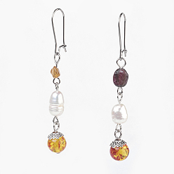 Resin Resin Imitation Amber and Natural Tourmaline Dangle Hoop Earrings, with Natural Rice Pearl, 304 Stainless Steel Hoop and Alloy Findings, 60mm, Pendant: 43x8mm, Pin: 0.6mm