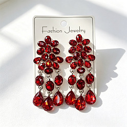 Siam Alloy Rhinestone Flower Teardrop Stud Dangle Earrings for Women, Golden, Siam, 65mm