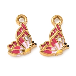 Настоящее золото 18K 304 нержавеющей стальной эмали подвески, бабочки прелести, со стразами, ионное покрытие (ip), реальный 18 k позолоченный, 10.5x10.5x3.5 мм, отверстие : 1.8 мм