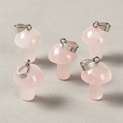 Rose Quartz Natural Rose Quartz Pendants, Mushroom Charms, with 304 Stainless Steel Snap on Bails, Stainless Steel Color, 24~25x16mm, Hole: 7.5x4mm