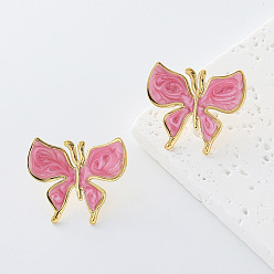 Perlas de Color Rosa 304 Pendientes de mariposa de acero inoxidable esmaltado para mujer, dorado, rosa perla, 23x27 mm