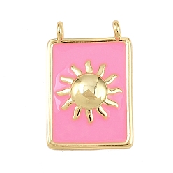 Pink Латунь эмаль подвески, прямоугольник с солнечными чарами, без свинца и без кадмия, долговечный, реальный 18 k позолоченный, стойки покрытие, розовые, 18.5x12x3 мм, отверстие : 1.2 мм