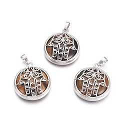 Тигровый глаз Природных тигровый глаз подвески, с латунной фурнитурой платинового цвета, квартира с рукой хамсы/рукой мириам, 31x27.5x8.5 мм, отверстие : 6.5x4 мм