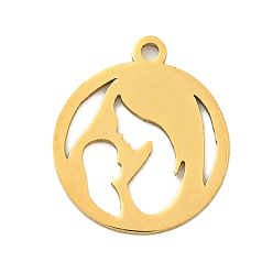 Настоящее золото 18K День матери 201 кулоны из нержавеющей стали, плоский круглый с маминым шармом, лазерная резка, ионное покрытие (ip), реальный 18 k позолоченный, 17.5x15x1 мм, отверстие : 1.5 мм