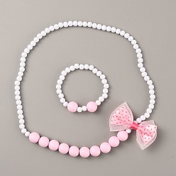 Pink Ожерелье с подвеской в виде пластикового банта и эластичный браслет из круглых бусин, милый набор украшений для детей, розовые, 17-3/4 дюйм (45 см), внутренний диаметр: 1-3/4 дюйм (4.4 см)