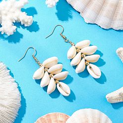 Золотой 304 серьги-подвески в форме ракушки из нержавеющей стали, с натуральной ракушкой каури и латунными бусинами-разделителями, золотые, 62.5~66.5x28.5~29.5 мм