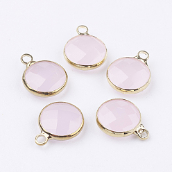 Lavender Blush Golden Tone Brass Glass Flat Round Charms, Faceted, Lavender Blush, 12x8.5x3mm, Hole: 1.5mm