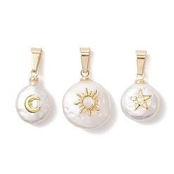 Золотой 3шт 3 стили барокко подвески из натурального жемчуга кеши, плоские круглые прелести, с латунными пластинами луны, солнца и звезды, цветочный белый, золотые, 14~17x10~14x5.5~6.5 мм, отверстие : 6x2.5 мм, 1 шт / стиль