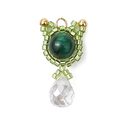 Тигровый глаз Подвески в форме кошки из натурального зеленого тигрового глаза (окрашенного и нагретого) и стеклянных бусин ручной работы, с целью перехода в кольце, 28.5x15x8 мм, отверстие : 3 мм