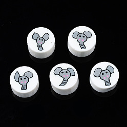 White Handmade Polymer Clay Beads, for DIY Jewelry Crafts Supplies, Flat Round with Elephant, White, 9~9.5x3.5~5mm, Hole: 1.6mm