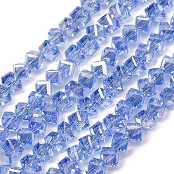 Cornflower Blue Electroplate Transparent Glass Beads Strands, Cube, Faceted, AB Color Plated, Cornflower Blue, 3.5x4.5x4mm, Hole: 1.1mm, about 99pcs/strand, 13.46''(34.2cm)