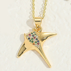 Fish Brass Micro Pave Colorful Cubic Zirconia Pendant Necklaces for Women, Real 14K Gold Plated, Fish, 17.72 inch(45cm), Pendant: 22x24mm