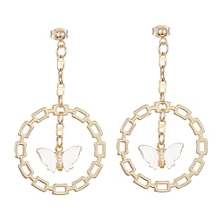 Golden Acrylic Butterfly with Alloy Ring Dangle Stud Earrings, 304 Stainless Steel Long Drop Earrings, Golden, 58.5x32.5mm