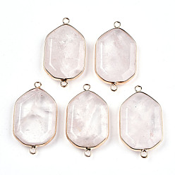 Rose Quartz Natural Rose Quartz Links Connectors, with Light Gold Tone Brass Findings, Faceted Polygon, 40.5x23x6mm, Hole: 2mm