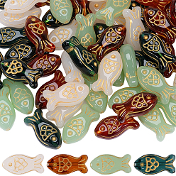 Mixed Color 60Pcs 4 Colors Glass Beads, Golden Metal Enlaced, Fish, Mixed Color, 21.5x10.5x7mm, Hole: 1mm, 15pcs/color