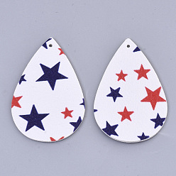 White Independence Day Theme, PU Leather Big Pendants, Double Sided, teardrop, with Star Pattern, White, 56x37x1.5mm, Hole: 1.8mm