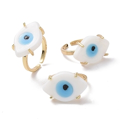 White Lampwork Oval with Evil Eye Open Cuff Ring, Real 18K Gold Plated Brass Lucky Jewelry for Women, Lead Free & Cadmium Free, White, US Size 6 1/4(16.7mm)