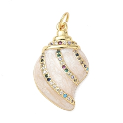 White Brass Micro Pave Colorful Cubic Zirconia Pendants, with Enamel, Conch Shell Shape Charms, Real 14K Gold Plated, White, 25.5~26x15~15.5x4.5mm, Hole: 3.5mm