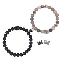 Смешанные камни 2 Комплект из нескольких браслетов из натуральных черных матовых камней и розовых камней «зебра» с круглыми бусинами, выполненных на эластичной резинке., Набор парных браслетов из магнитного сплава с подвесками в виде сердца и короны., 6.30 дюйм (16 см) ~ 7.09 дюйм (18 см)