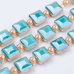 Dark Turquoise Opaque Glass Beads Strands, with Brass Findings, Pearl Luster Plated, Faceted, Square, Golden, Dark Turquoise, 13x13x8mm, Hole: 1mm, about 10pcs/strand, 7.2 inch (18.3cm)