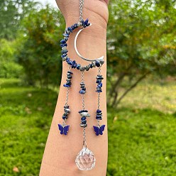 Ляпис-Лазурь Обернутые проволокой натуральные чипсы из ляпис-лазури и металлические подвесные украшения в форме луны, стеклянная круглая кисточка для украшения оконного сада, 270x50 мм