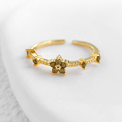 Цвет Оливы Регулируемые манжеты-кольца из латуни с микропаве из кубических цирконий, золотые, оливковый, внутренний диаметр: регулируемый