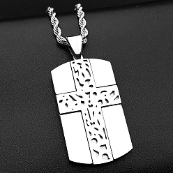 Silver 304 Stainless Steel Rectangle Dog Tag with Cross Pendant Necklaces for Men, Silver, 23.62 inch(60cm)