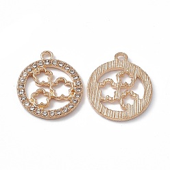 Golden Alloy Rhinestones Pendants, Flat Round with Flower Charms, Golden, 23x19.5x2mm, Hole: 2.5mm