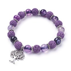 Темная Орхидея Эластичные браслеты с круглыми бусинами из натурального камня лавы (окрашенные), с естественным полосатым агатом / полосатым агатом, Подвески из сплава, дерево, темные орхидеи, 2-1/8 дюйм (54 мм)