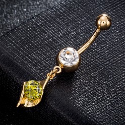 Цвет Оливы Латунное кольцо пупка с фианитом, кольца живота, с 304 стержнем из нержавеющей стали, без кадмия и без свинца, реальный 18 k позолоченный, оливковый, 42x8 мм, бар: 15 калибр (1.5 мм), длина стержня: 3/8"(10мм)