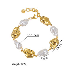 Золотой 304 Браслеты-цепочки из нержавеющей стали и пластиковых жемчужных бусин для женщин, самородки, золотые, 7.28 дюйм (18.5 см)
