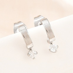 Stainless Steel Color 304 Stainless Steel Pave Single Cubic Zirconia Stud Earrings for Women, with 316 Surgical Stainless Steel Pins, Stainless Steel Color, 11x2mm