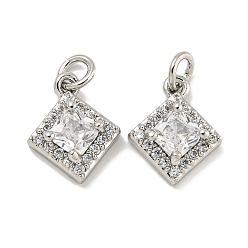 Платина Латунные микропаве прозрачные подвески с фианитом, без кадмия, без никеля и без свинца, с целью перехода в кольце, ромб, платина, 11x9x4 мм, отверстие : 3 мм