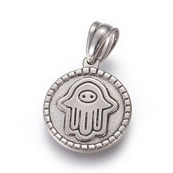 Античное Серебро 304 подвески из нержавеющей стали, плоский круглый с hamsa рука / рука fatima / рука miriam, античное серебро, 20x17x2 мм, отверстие : 5x6 мм