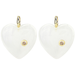 Quartz Crystal 2Pcs Natural Quartz Crystal Pendants, Rock Crystal Heart Charms with Brass Micro Pave Clear Cubic Zirconia Findings, Golden, 30~32x25x8mm, Hole: 1.5mm