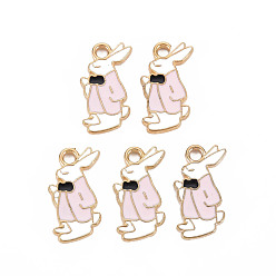Pink Alloy Enamel Pendants, Cadmium Free & Lead Free, Light Gold, Rabbit, Pink, 16.5x10x1.5mm, Hole: 1.8mm